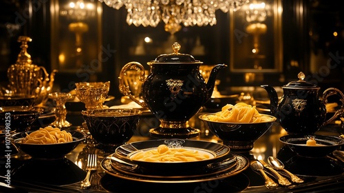 Luxurious dinner setting with black and gold crockery featuring pasta bowls dessert forks and teapots illuminated by a chandelier