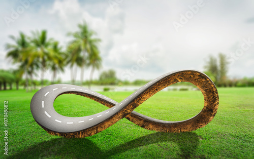 3D rendering of infinity symbol road in adventure route concept. Earth land with asphalt driveway on small green planet and blue sky background. never ending road design advertisement.