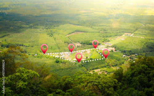 Land plot in aerial view. Gps registration survey of property, real estate for map with location, area. Concept for residential construction and development. Also home, house for sale, buy, purchase.