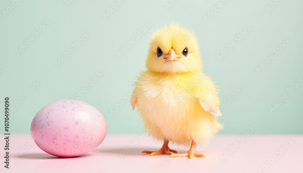 Yellow Baby Chick with Painted Easter Egg on Pastel Background Yellow Baby Chick with Painted Easter Egg on Pastel Background