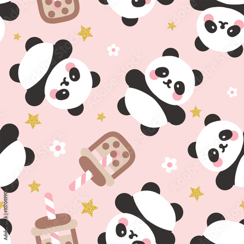 Cute hand drawn panda bears with bubble coffee on a pastel pink with flowers, soft girly seamless pattern background