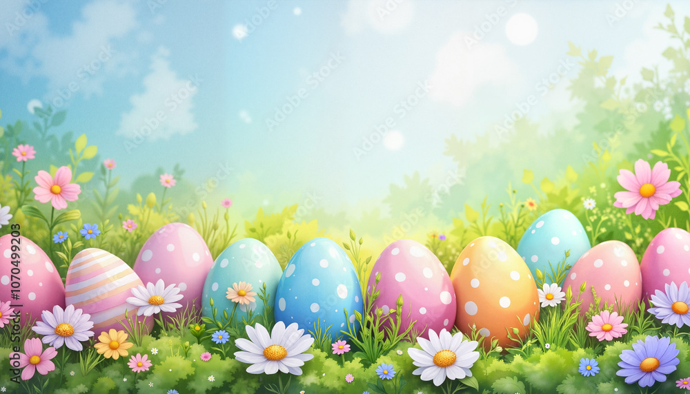 Painted Easter Eggs and Spring Flowers on Green Grass Painted Easter Eggs and Spring Flowers on Green Grass