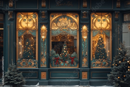 stylized Christmas holiday window display with Art Nouveau signage, intricate floral patterns, and elegant decor