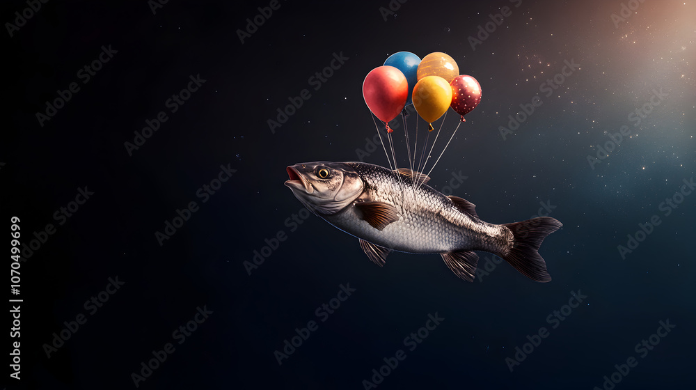 A flying fish with tiny hot air balloons tied to it, floating in empty space.
A flying fish with tiny hot air balloons tied to it, floating in empty space.