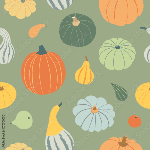 Pumpkin pattern vector illustration. Variety of gourds and squashes on green background in modern flat style. Autumn harvest vegetables cute design for textile, print