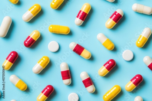 Colorful pills on a light blue background, in close-up.