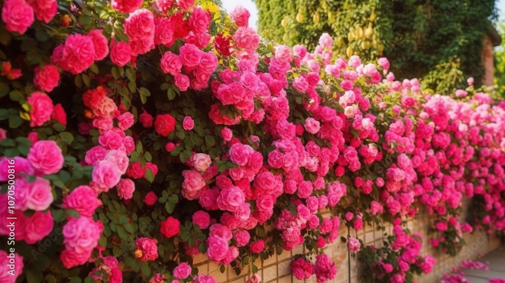 Vibrant Pink Roses Blooming in Garden Landscape Vibrant Pink Roses Blooming in Garden Landscape