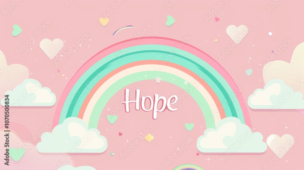 A rainbow with hearts and the word hope written underneath it. The rainbow is pink and green, and the hearts are scattered throughout the image. Scene is positive and uplifting, as the rainbow A rainbow with hearts and the word hope written underneath it. The rainbow is pink and green, and the hearts are scattered throughout the image. Scene is positive and uplifting, as the rainbow