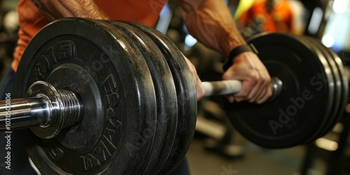 A bodybuilder is lifting heavy dumbbells at the gym. You can see the dumbbells, which weigh 50 kilograms, up close. The photo shows the bodybuilder's hands gripping the weights. photo