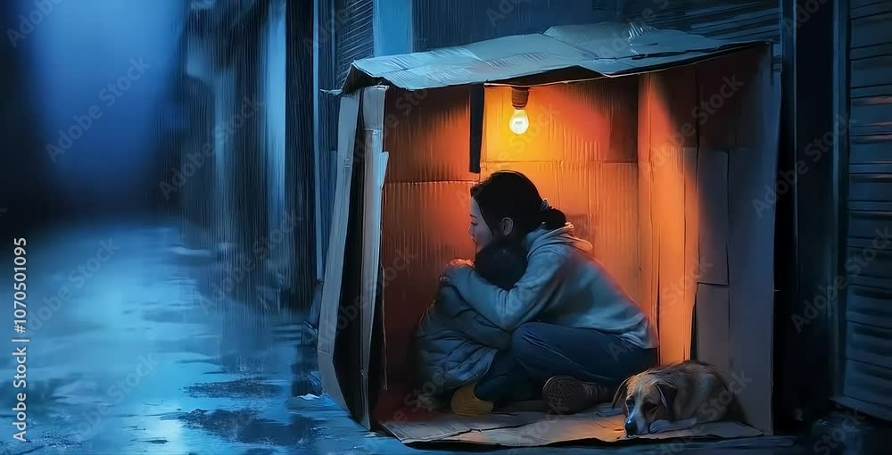 Two homeless people and a small dog take refuge inside a cardboard box, illuminated by a single lightbulb, as rain falls outside. The scene evokes a sense of warmth and companionship amidst hardship Two homeless people and a small dog take refuge inside a cardboard box, illuminated by a single lightbulb, as rain falls outside. The scene evokes a sense of warmth and companionship amidst hardship