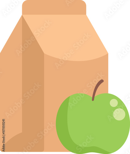 Simple vector illustration of a green apple sitting beside a closed brown paper lunch bag