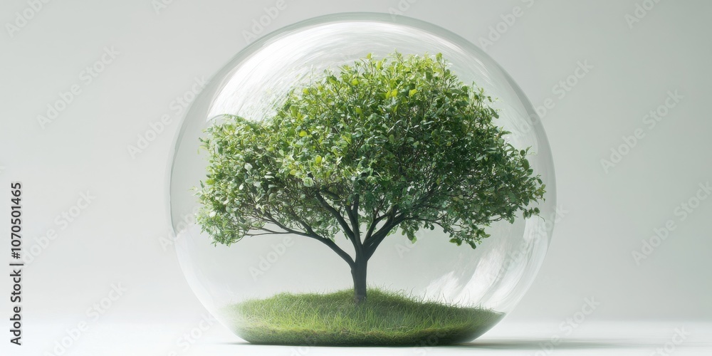 A bright green tree sits inside a clear, round bubble. A bright green tree sits inside a clear, round bubble.