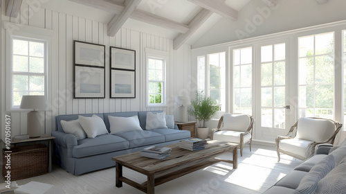 Wallpaper Mural Cozy Minimalist Cottage-Style Living Room with Soft Blue Sofa, Rustic Wooden Coffee Table, and Natural Light for a Relaxed, Airy Ambiance Torontodigital.ca