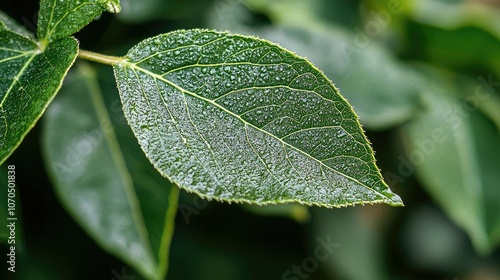 Close-up of a single green leaf covered in dew drops.