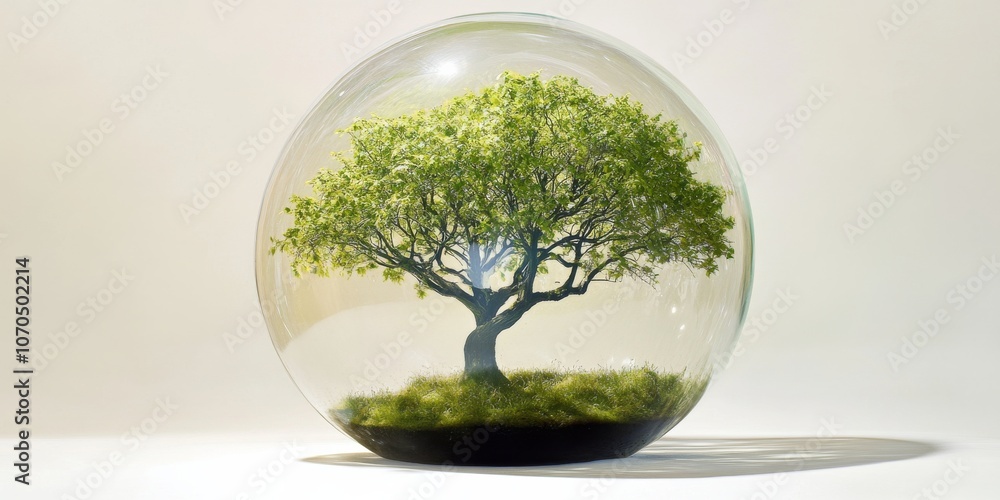 A bright green tree sits inside a clear, round bubble. A bright green tree sits inside a clear, round bubble.