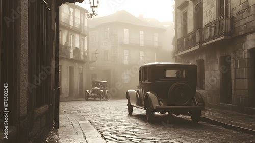 Vintage photo of an old car on the streets in Santiago de Compostela, retro style sepia tone, cobblestone street