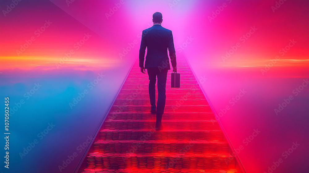 Businessman Climbing Stairs in Abstract Colorful Composition Businessman Climbing Stairs in Abstract Colorful Composition