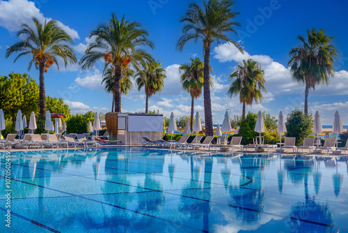 Obraz na płótnie Magnificent view, swimming pool with blue sky with clouds. Holiday hotel in Antalya. Great relaxation and peaceful atmosphere, palm trees, sun loungers reflections. w salonie