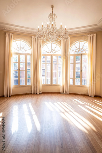 Bright and airy living room with large windows and elegant chandelier in a modern apartment