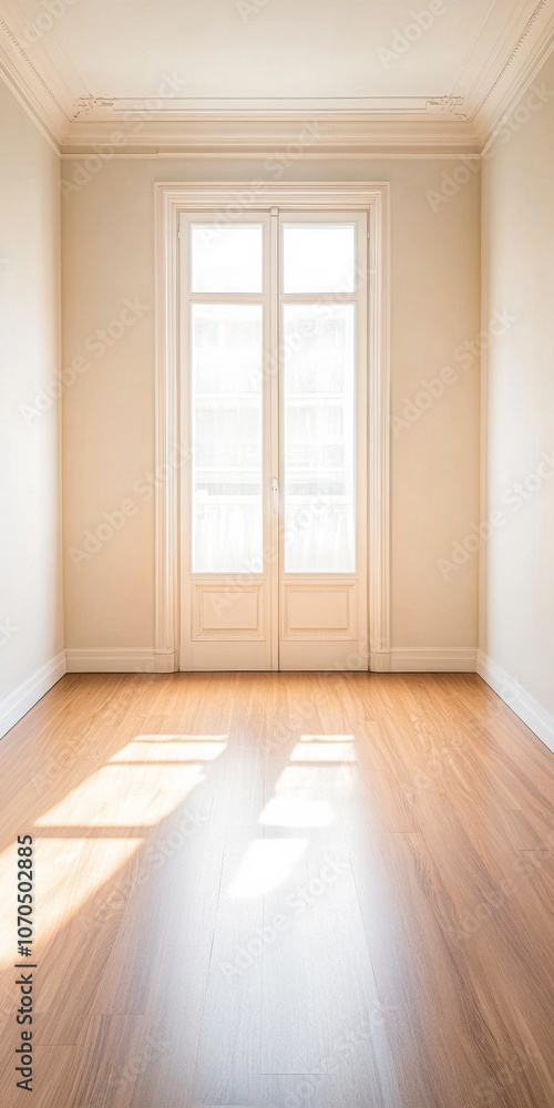 Fototapeta premium Bright and minimalistic empty room with wooden floor and large windows letting in sunlight