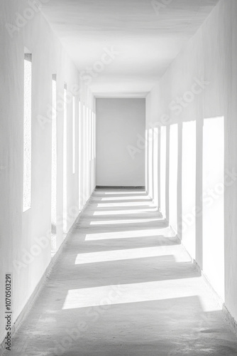 Bright corridor with shadows and minimalistic design in a modern space