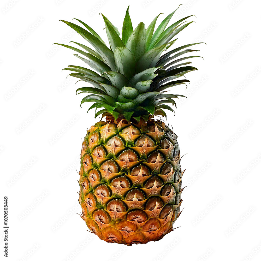 Fototapeta premium Whole Pineapple with Green Leaves, Highlighting Textured Skin and Leaf Details, Isolated on Transparent Background