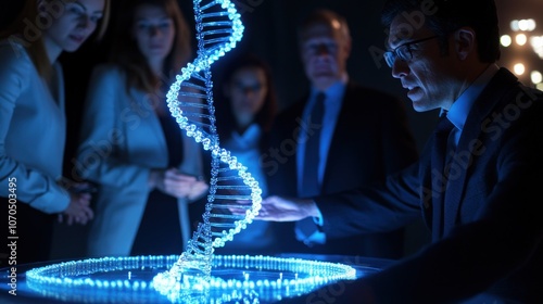 A group observes a glowing DNA model during a scientific presentation.