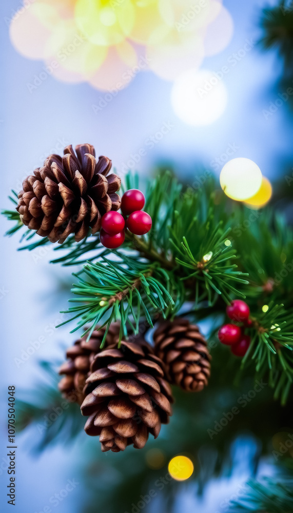Christmas card: yew branches with red berries and cones with festive garlands. New Year's mood. Festive Pine Branch with Pine Cones and Berries Christmas card: yew branches with red berries and cones with festive garlands. New Year's mood. Festive Pine Branch with Pine Cones and Berries