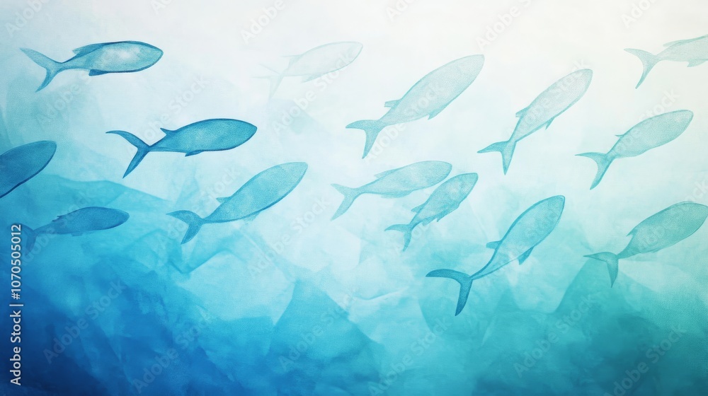 School of fish swimming in deep blue water, watercolor painting effect School of fish swimming in deep blue water, watercolor painting effect