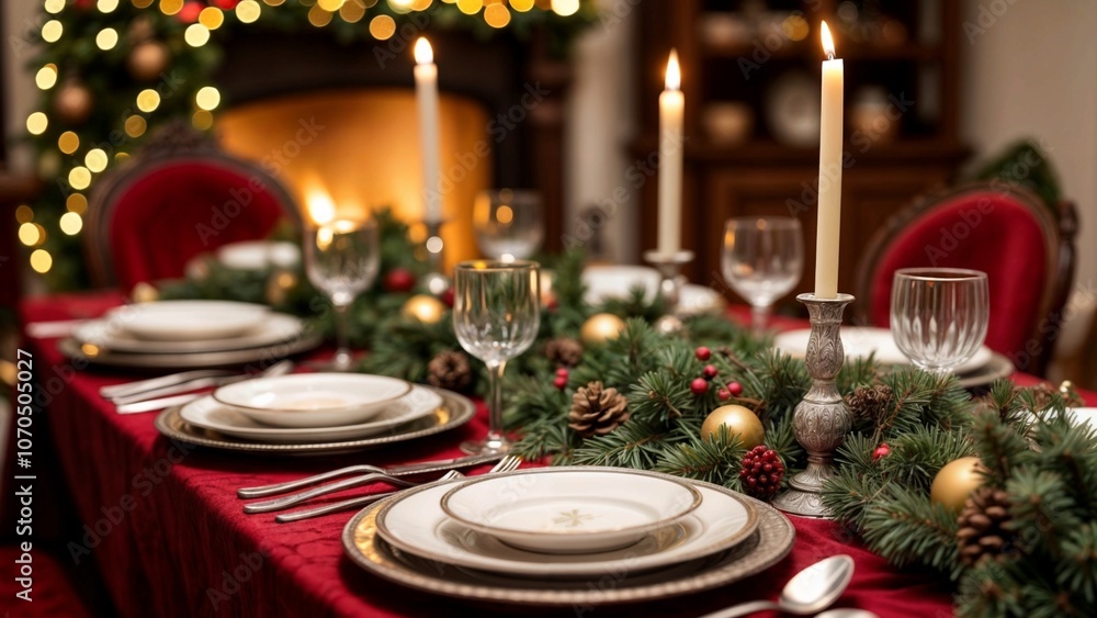 A cozy and elegant festive table with candlelight, rich colors and elegant decor for a warm and inviting holiday celebration with family and friends. A cozy and elegant festive table with candlelight, rich colors and elegant decor for a warm and inviting holiday celebration with family and friends.