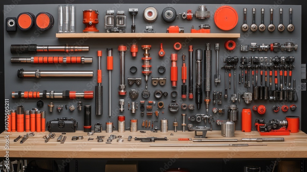 An organized collection of various industrial tools and equipment on a workbench. An organized collection of various industrial tools and equipment on a workbench.