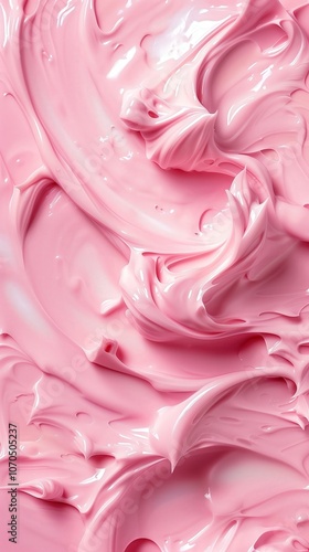 Smooth pink cream texture with swirls, glossy appearance. Beauty and skincare concept