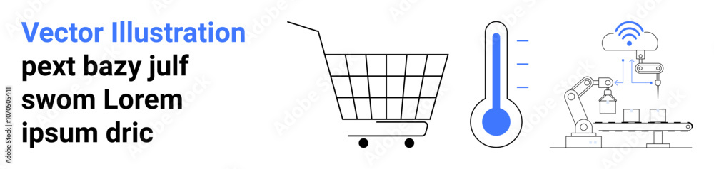 Shopping cart, temperature thermometer, and industrial robotic arm. Ideal for e-commerce, retail tech, automation, smart stores, temperature monitoring, AI in retail, tech logistics. Banner Shopping cart, temperature thermometer, and industrial robotic arm. Ideal for e-commerce, retail tech, automation, smart stores, temperature monitoring, AI in retail, tech logistics. Banner