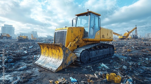 A yellow bulldozer on a debris-strewn construction site. photo