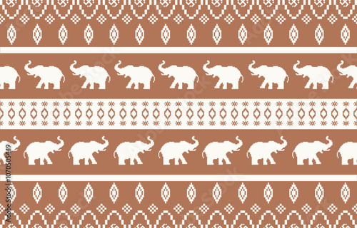 Elephant pattern. Seamless. White stripes, blue background. Ethnicity. Floral patterns, printed fabrics, pants, Lanna.	