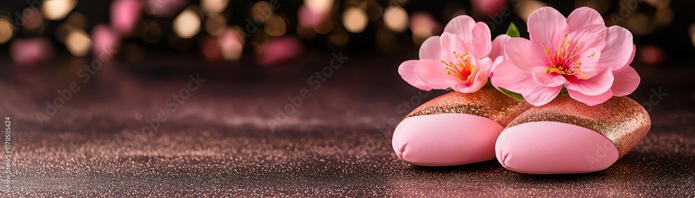 Pink and gold background with soft lighting and floral accents Pink and gold background with soft lighting and floral accents