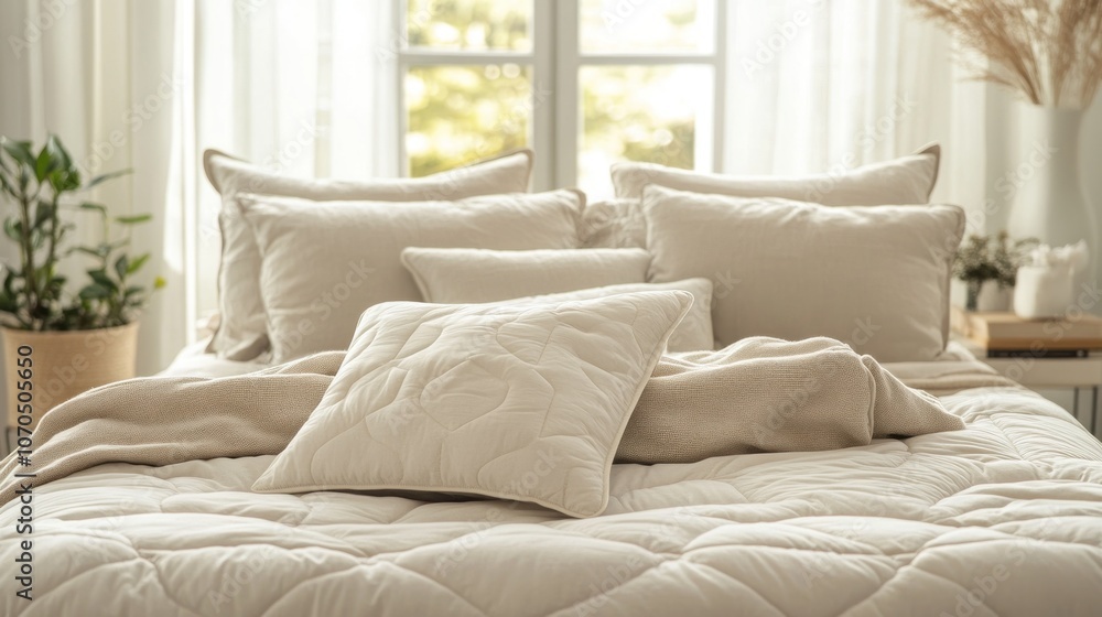 A cozy bed adorned with pillows and a soft throw, creating a serene atmosphere. A cozy bed adorned with pillows and a soft throw, creating a serene atmosphere.