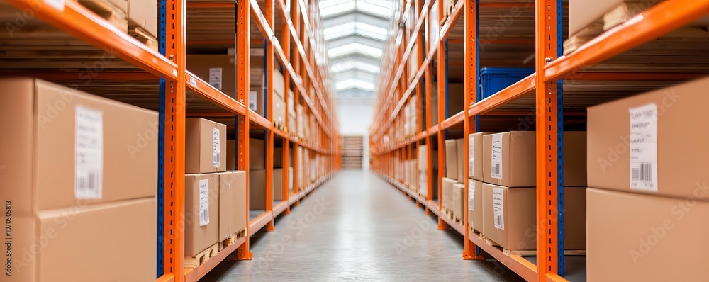 Rows of shelving units with labeled bins in a modern storage facility, inventory organization, clean lines, natural lighting from skylights, clear focus Rows of shelving units with labeled bins in a modern storage facility, inventory organization, clean lines, natural lighting from skylights, clear focus