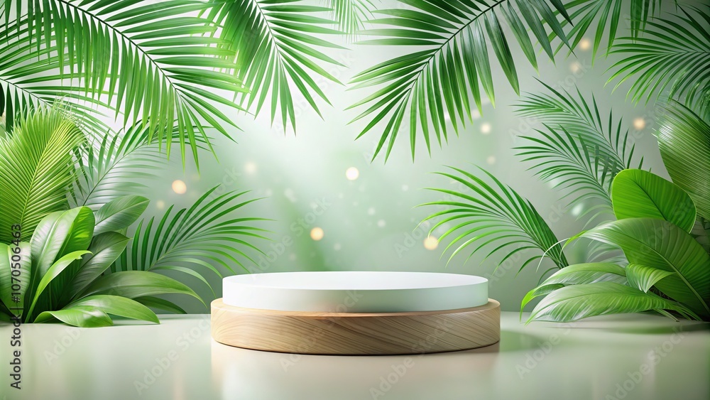 3D White Podium, Wood Top, Palm Leaves, Bokeh 3D White Podium, Wood Top, Palm Leaves, Bokeh