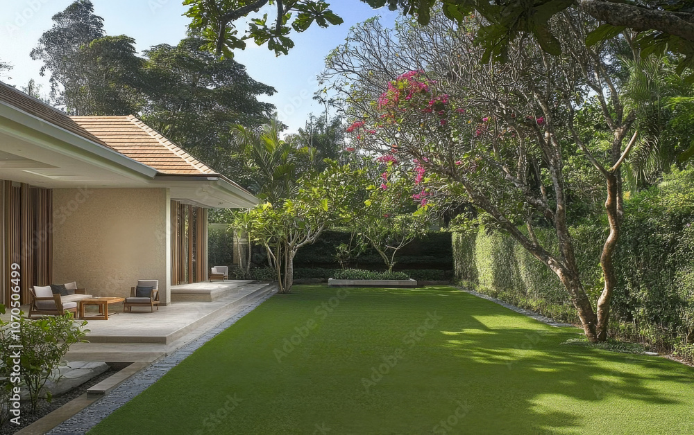 Naklejka premium Serene backyard garden with lush green lawn and tropical trees on a sunny day