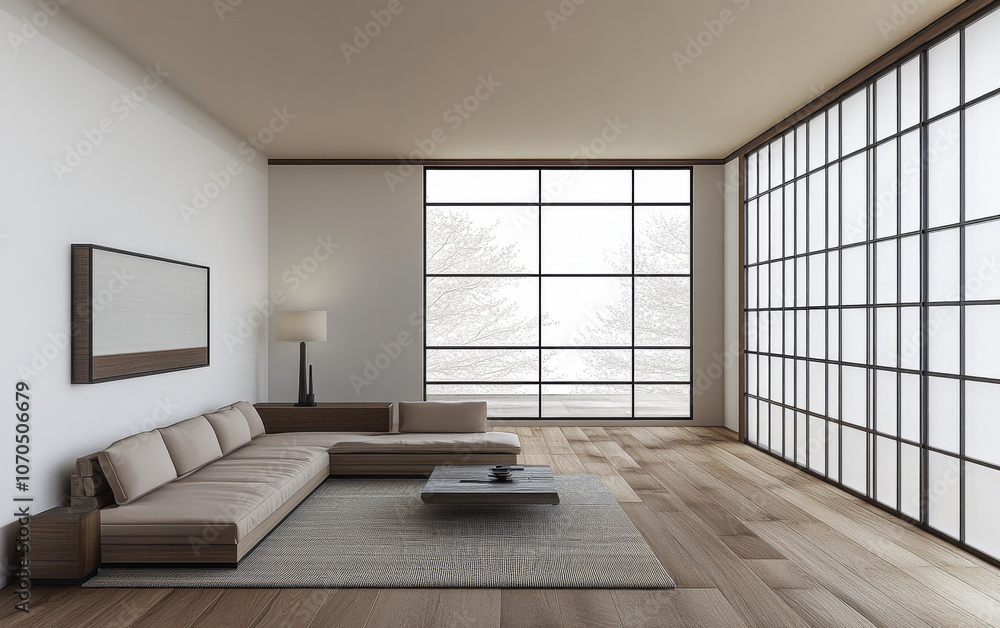 Modern living room with large windows and minimalistic design in a serene setting Modern living room with large windows and minimalistic design in a serene setting