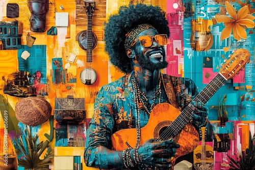A colorful collage featuring Afro-Brazilian cultural symbols, including musical instruments, traditional foods, and artwork, highlighting the richness and diversity of black heritage in Brazil.

