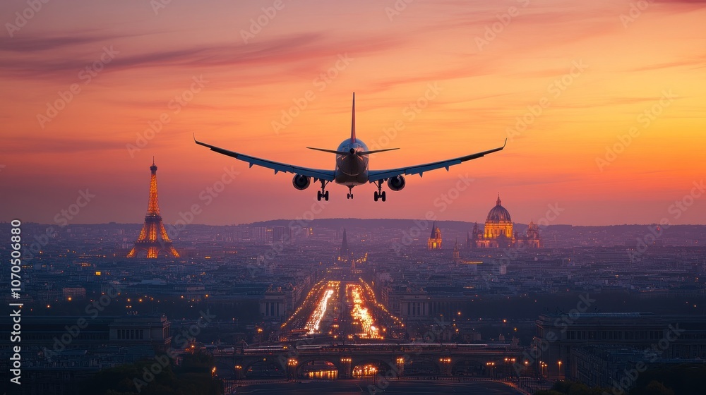 Airplane landing at sunset over a cityscape featuring iconic landmarks. Airplane landing at sunset over a cityscape featuring iconic landmarks.
