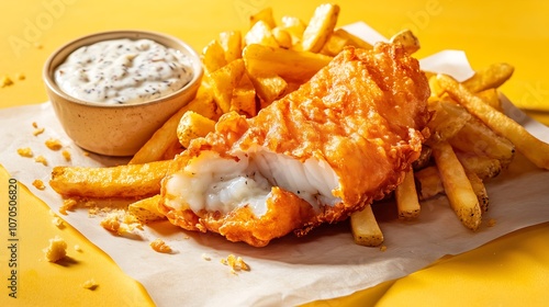 Fish and Chips: golden battered fish fillets served alongside crispy French fries, with a side of creamy tartar sauce. The composition is fresh and inviting. photo