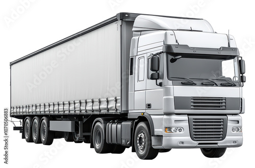 A large white semi truck with a black grille and a white trailer. The truck is parked on a white background