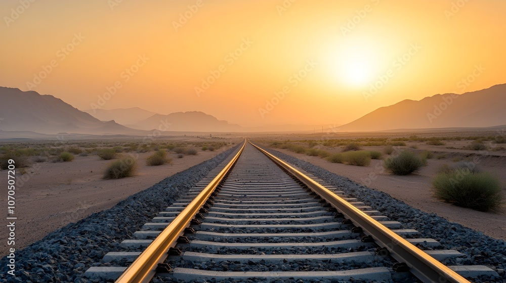 Desert Rail and Road Connection at Sunrise - Scenic View of Rugged Mountains and Soft Golden Light Over Sandy Terrain with Small Bushes Desert Rail and Road Connection at Sunrise - Scenic View of Rugged Mountains and Soft Golden Light Over Sandy Terrain with Small Bushes