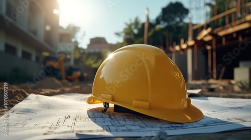 A bright yellow construction hard hat placed on top of architectural blueprints and building plans, creating an image that conveys industry and preparedness. photo