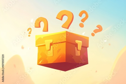 A fun mystery box with question marks flying out of it, fun quiz box, logo, illustration	
 photo