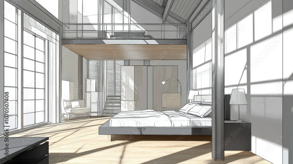 Chic loft bedroom with high ceilings, spacious floor, minimalist furnishings, and sleek wood floors; bright natural light enhances the contemporary design Chic loft bedroom with high ceilings, spacious floor, minimalist furnishings, and sleek wood floors; bright natural light enhances the contemporary design