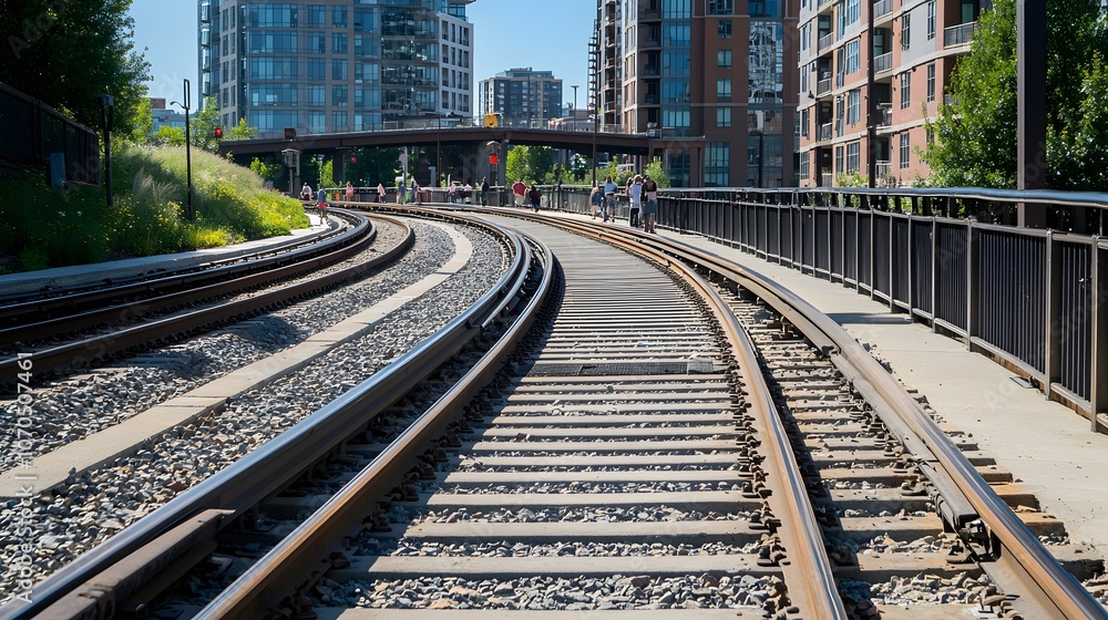 Fototapeta premium Urban Harmony A Dynamic Rail and Road Network Winding Through Modern Architecture and Greenery - Capturing Vibrant City Life with Late Afternoon Shadows and People on the Move